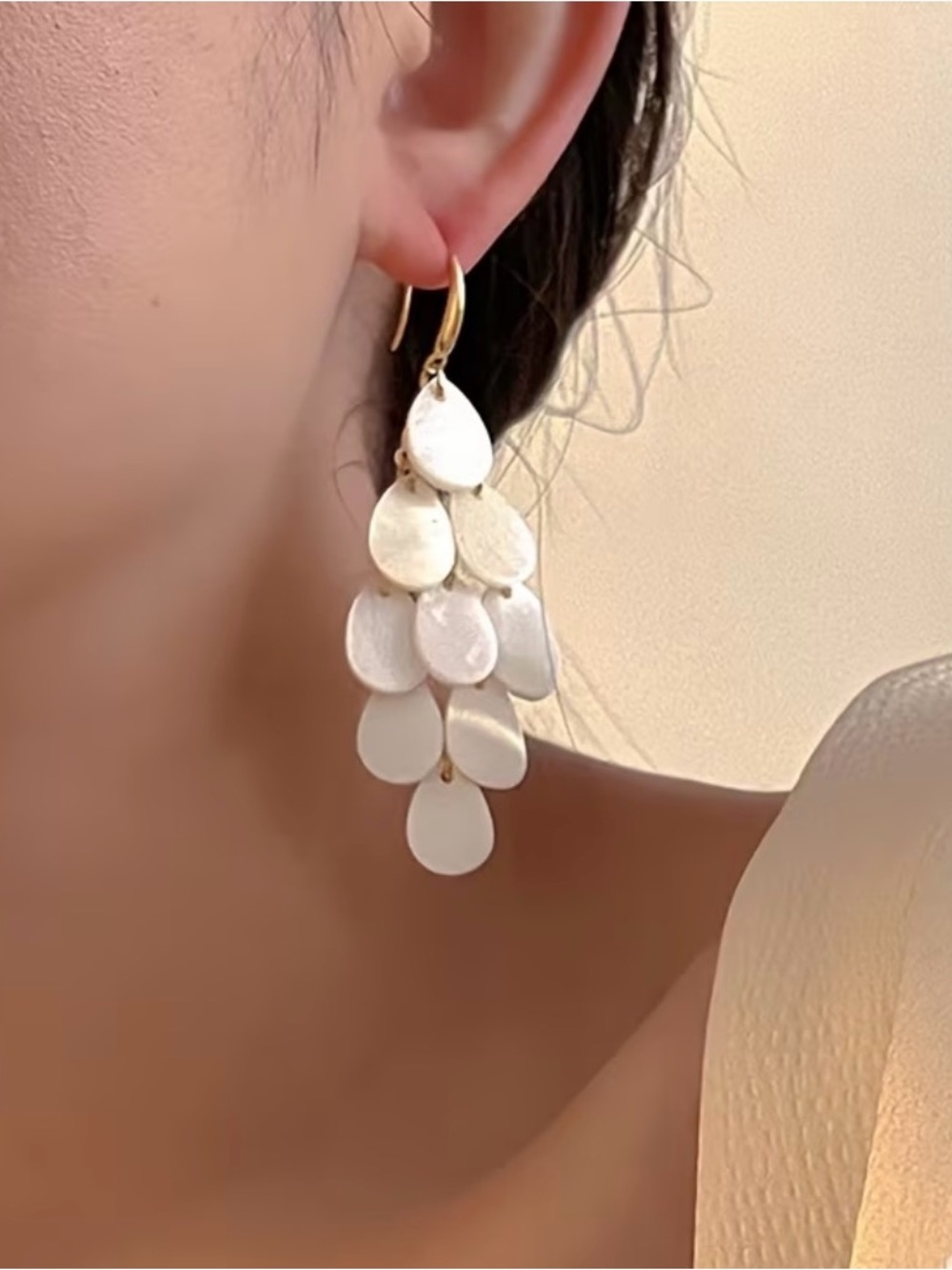 Gold Hook White Shell Cascade Drop Earrings — Women Jewelry